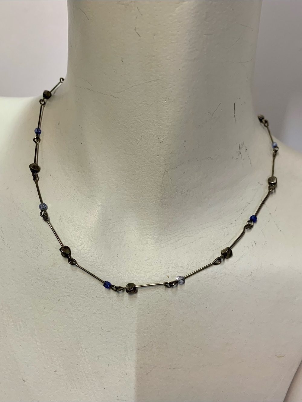 Vintage Sterling Silver Link Bar Necklace Blue Glass Crystal Beads 17”